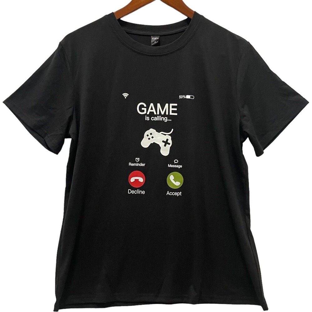 SHEIN‎ T-Shirt Youth Medium Black Gamer "Game Is Calling" Print Short Sleeves